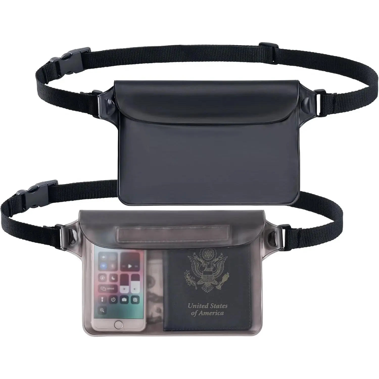 2-Pack Waterproof Belt Bag with Adjustable Waist Strap, Buckle, Touch-Sensitive Screen Dry Bag for Swimming, Kayaking, Paddle Boards, Keeps Phones & Valuables Secure for Tubing, Sailing, Rafting, Canoeing, 32–46" Strap Fit