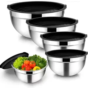 5pcs Salad Bowl Set with Lids and Bowls, Salad Serving Bowls, Food Storage Bowl, Thick Stainless Steel Mixing Bowls for Kitchen Baking and Dough Kneading