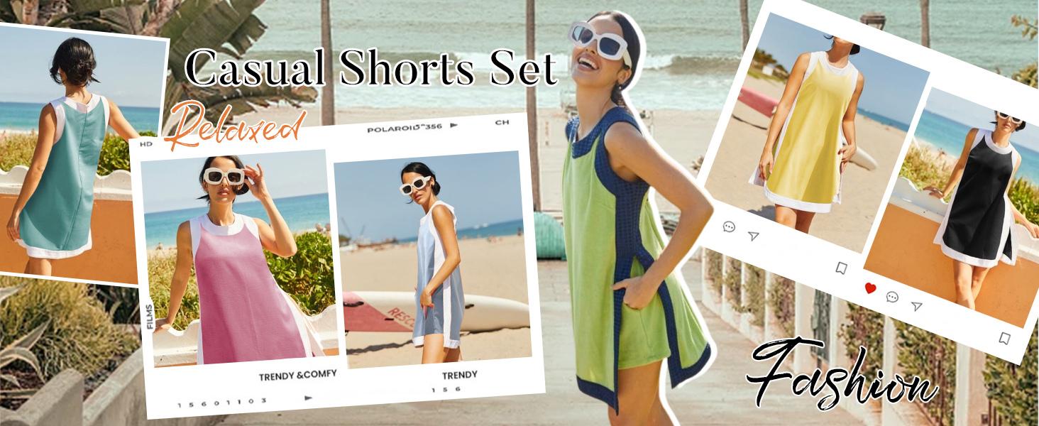 YeeZaa Color Block Matching Set for Women 2 Piece Sets 2026 Spring Summer Outfits Short Sleeve Pullover Top and Pocket Shorts Casual & Cute Colorblock Two Piece Sweatsuit SpringStatements