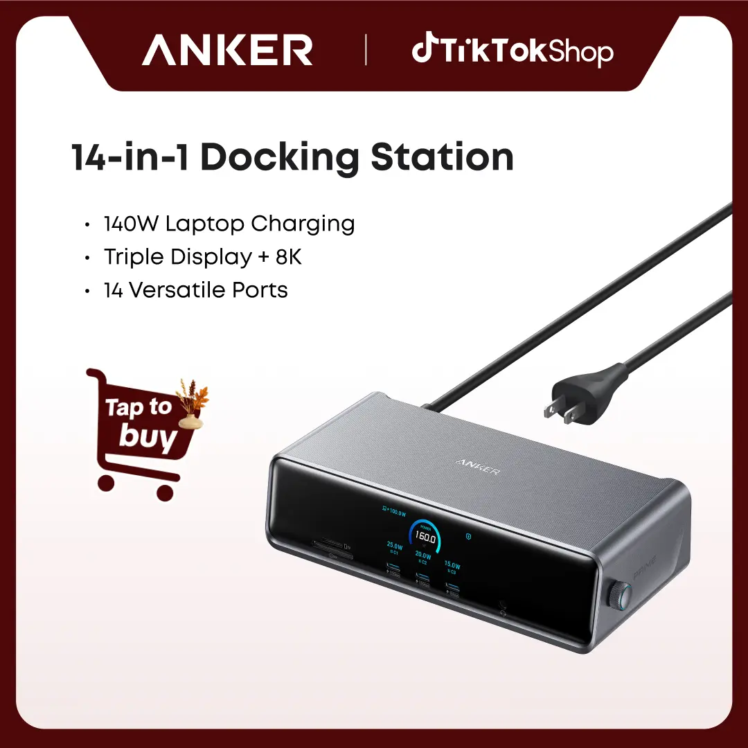 Anker Prime 14-in-1 Docking Station (DL7400) - 14 Powerful Connections, Triple 4K 60Hz DisplayLink, 140W Max, Smart Display, Cooling Fan, USB-A, DisplayPort, for macOS, Windows, MacBooks (Requires Latest DisplayLink Driver)