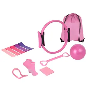 Essential home Pilates set: Pilates equipment kit including a yoga ball, resistance bands, Pilates straps and accessories, Pilates rings, and a ball—suitable for beginner family workouts.