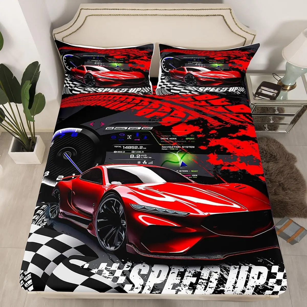 Feelyou Vibrant Red Race Car Fitted Bedsheets Set - Luxury Microfibre Complete Deep Pocket Sheet Set, Easy-Care Option, Machine Washable, Quick-Tumble-Dry-Low, Decorative Bedding for Sports Car Themed Rooms