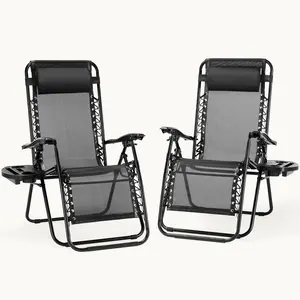 Outdoor Zero Gravity Chairs, Set of 2 Portable Recliner Beach Camping Patio Outdoor Folding Lounge Chair with Cup Holder Trays and Adjustable Pillow