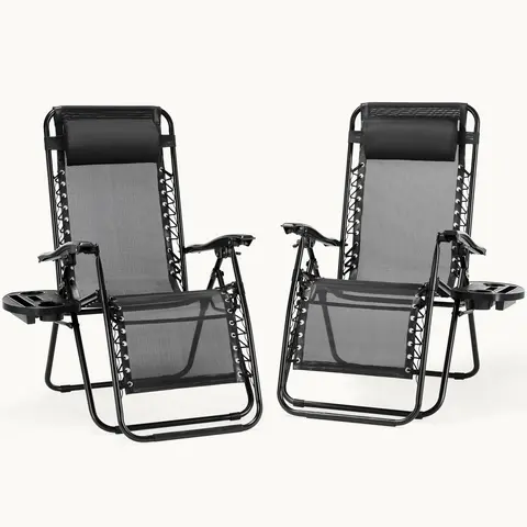 Sweetcrispy Set of 2 Outdoor Zero Gravity Lounge Chairs - Portable Adjustable Reclining Chair Sunloungers with Cup Holder Trays, Adjustable Pillow for Backyard Pool, Patio Camping