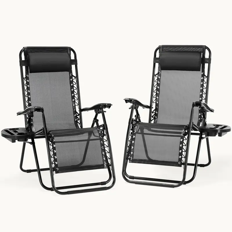 Sweetcrispy Set of 2 Outdoor Zero Gravity Lounge Chairs - Portable Adjustable Reclining Chair Sunloungers with Cup Holder Trays, Adjustable Pillow for Backyard Pool, Patio Camping