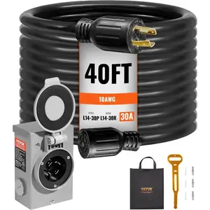 VEVOR 30 Amp Generator Cord and Power Inlet Box, 100 FT, 125/250V NEMA L14-30P to L14-30R Heavy Duty Extension Power Cord, SJTW 10AWG 7500W, Pre-Drilled Inlet Box, for Generator to House, ETL ListedVEVOR Super Brand Day