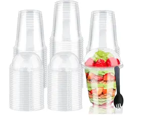 100pcs 12 Oz Plastic Cups with Dome Lids and Sporks,Clear Disposable Dessert Containers for Ice Cream,Fruit,Parfait,Pudding,Yogurt,Jelly,Hole in the Lid,50 Set