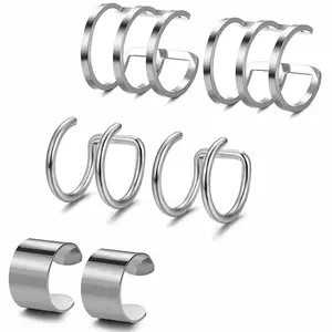 OIDEA Stainless Steel Cartilage Ear Cuff Earrings for Women, Non-Piercing Helix Conch Ear Cuffs, Silver Tone Fake Cartilage Earring Set