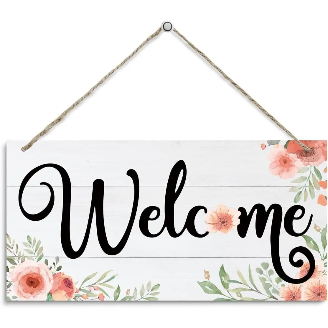 Welcome Wooden Sign with Watercolor Flowers, Rustic Farmhouse Floral Hanging Plaque, White Wood Welcome Door Decor, Blush Pink Floral Wall Art for Entryway
