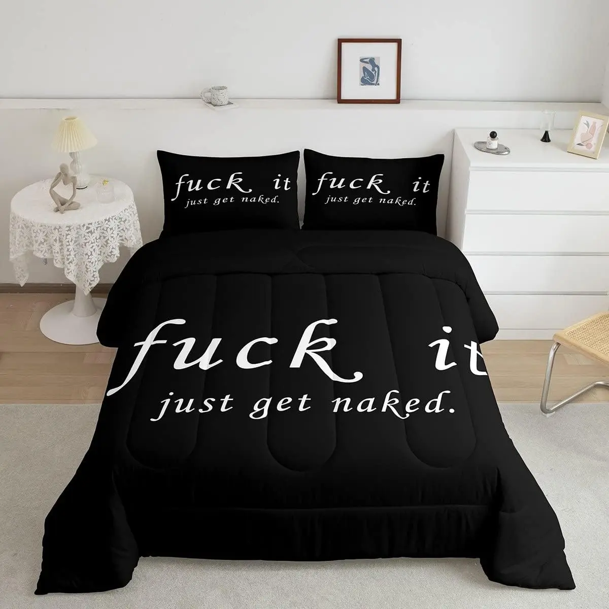 Feelyou Breathable Bed Comforter Set - Black White Creative "Get Naked" Funny Quotes Duvet Set for Romantic Couples' Bedroom Bedding, Bedroom Bedding Set