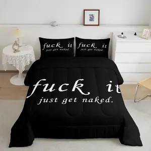 Funny Quotes Comforter Set,Get Naked Comforter,Couple Lover Men Women Romantic Bedding Set,Black White Creative Words Duvet Set