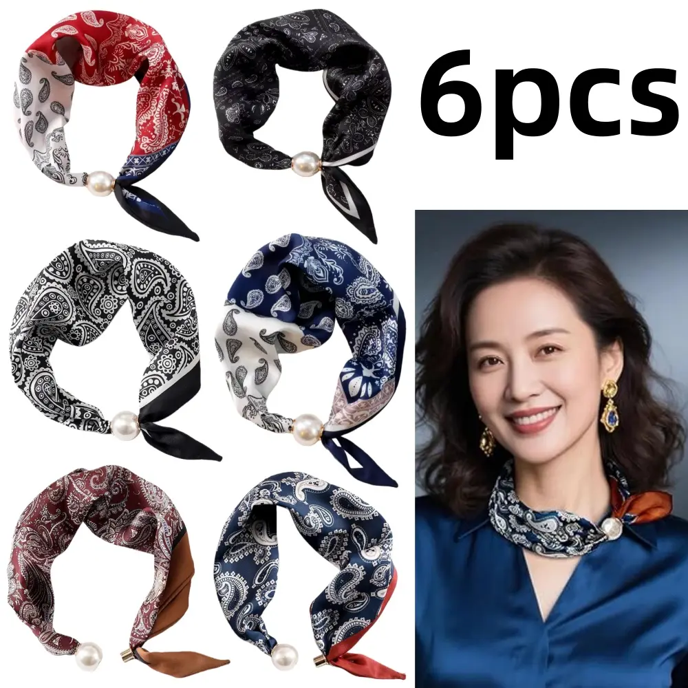 6 piece Classic Printing Scarf Costume Prom Gift Jewelry Scarves Satin Scarves for Women Magnetic Pearl Scarf Elegant Neck Tie