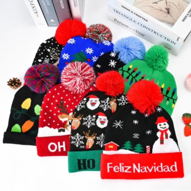 Christmas Hat LED Light Knit Cap, Unisex Winter Pom Pom Beanie, Holiday Party Woolen Hat, Christmas Gift Multiple Colors
