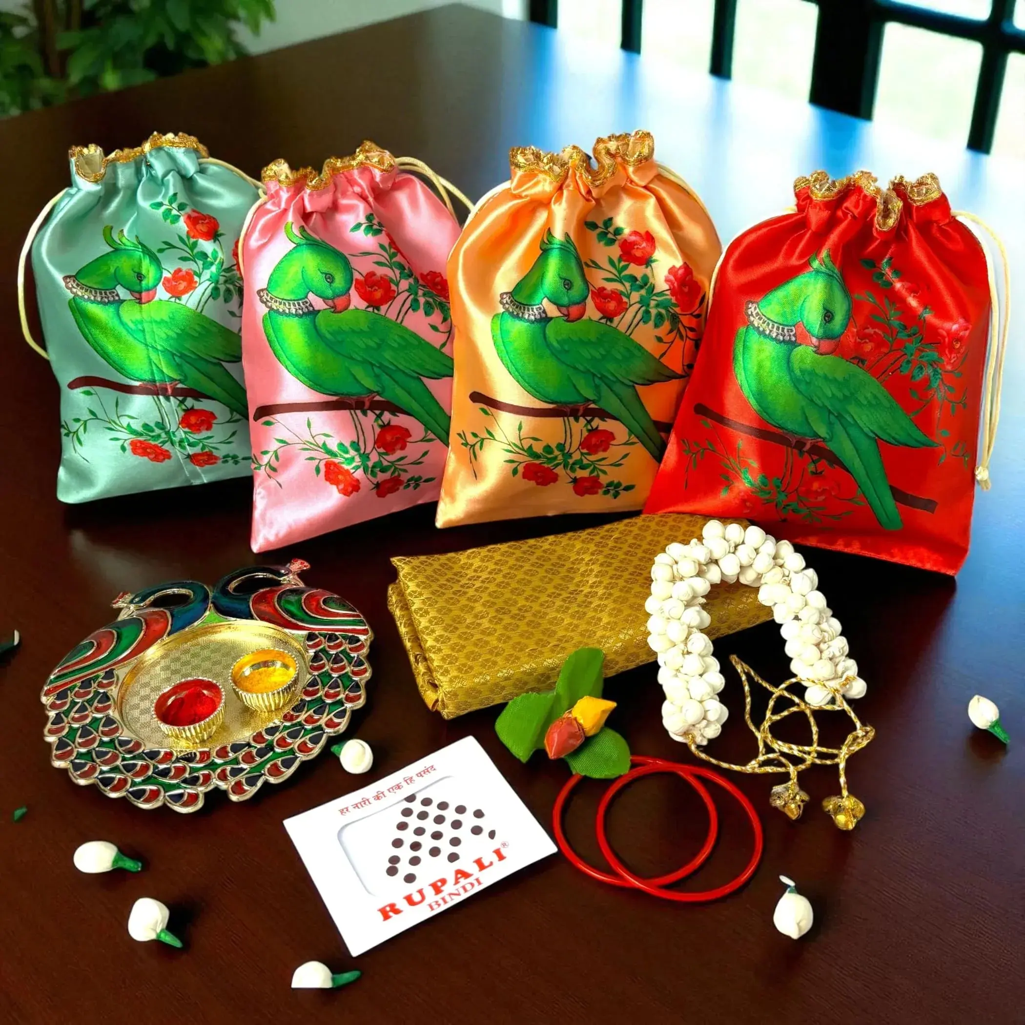 Sacred Varalakshmi Vratham Gift Set | Velvet Potli Bags, Haldi Kumkum, Lakshmi Feet | Perfect for Navaratri, Pooja, Housewarming