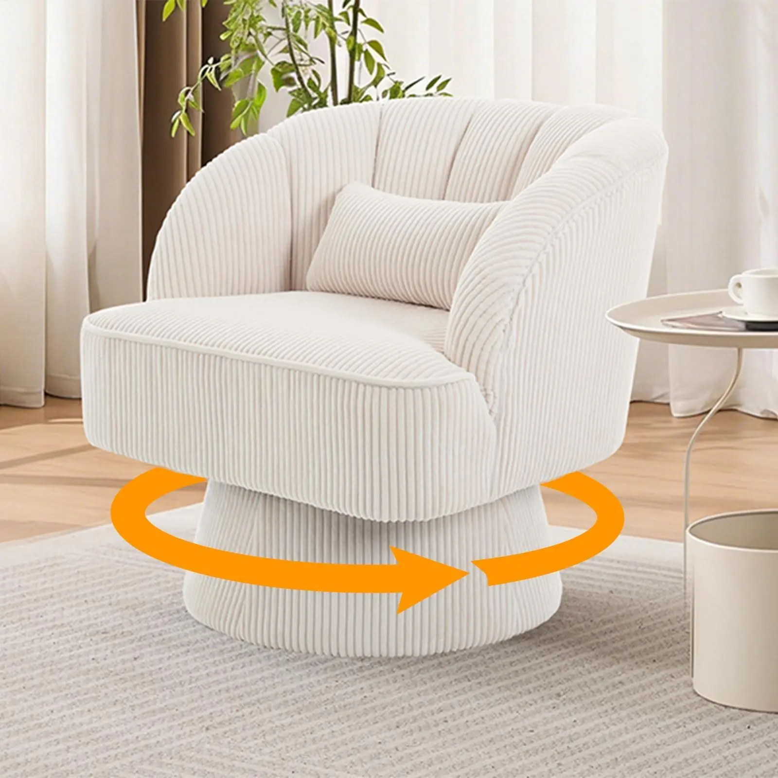 Modern Swivel Barrel Accent Chair, 360° Corduroy Upholstered Armchair with Striped Backrest & Plush Padding, Comfy Round Lounge Chair for Living Room, Bedroom, Reading Nook - Beige