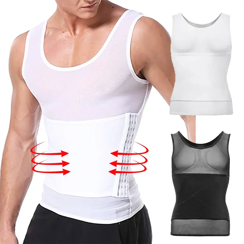 Cattibor Men's Seamless Mesh Waist Trainer Tank Top, Compression Shapewear Undershirt for Tummy Control, Abdominal Workout