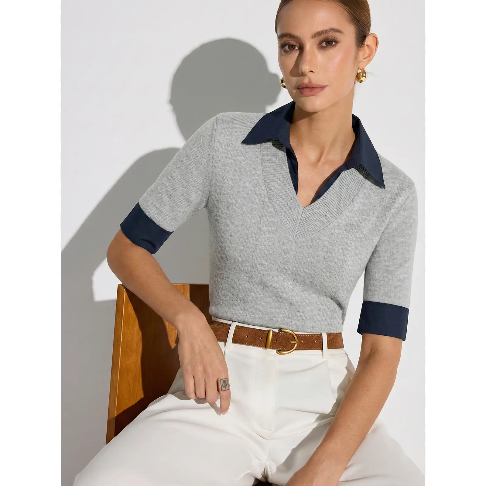 Contrast Collar Elbow Sleeve Knit Top