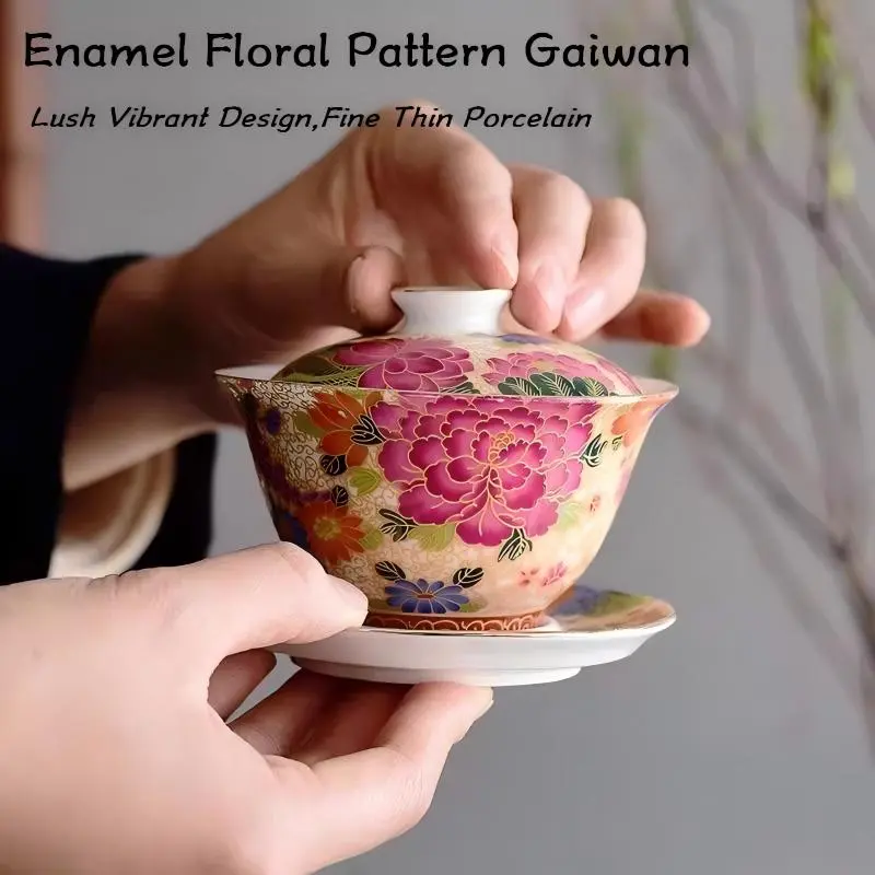 Luxury Enamel Gilded Peony Pattern Gaiwan, 3-piece Thin Porcelain Kung Fu Teaware Set