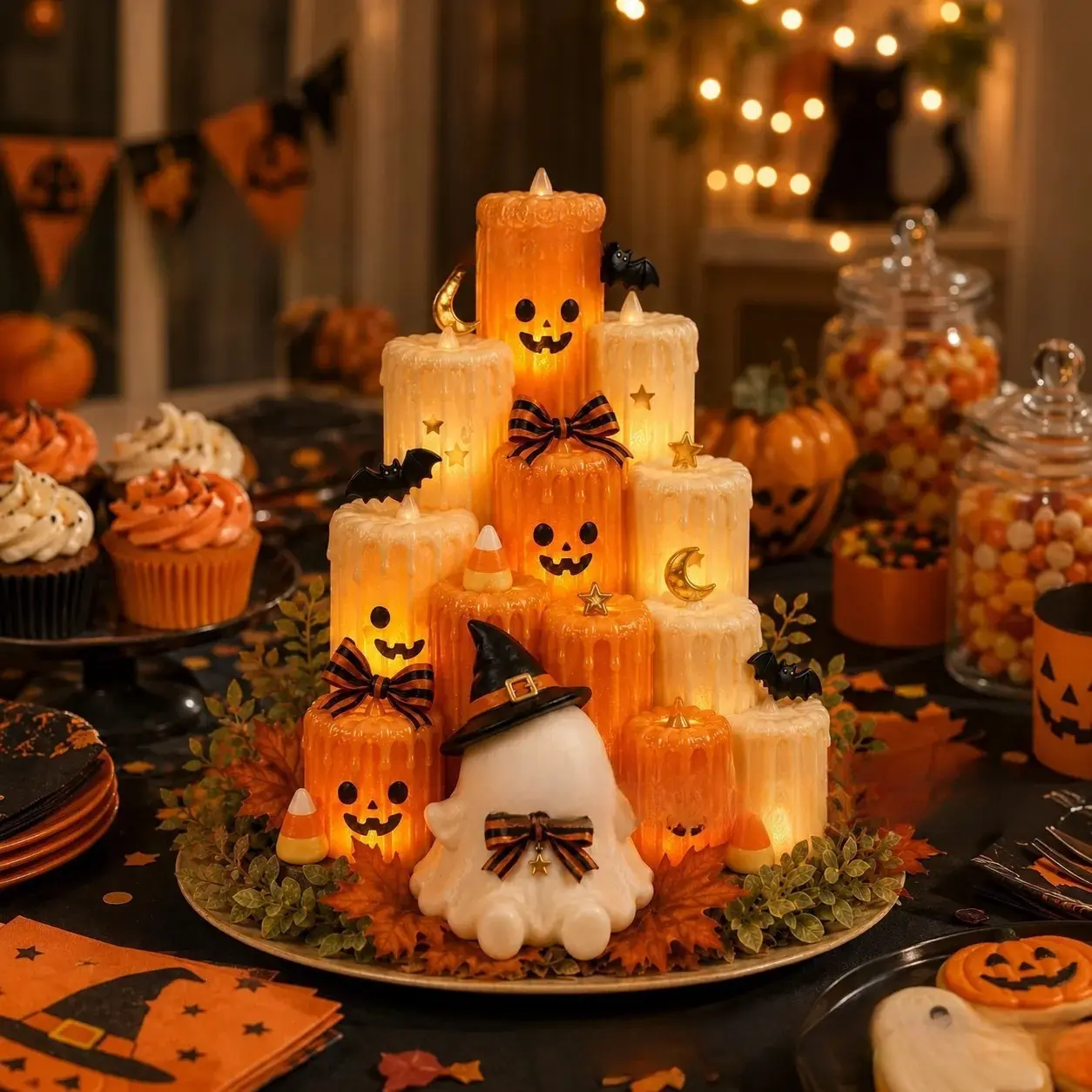 Halloween Flameless LED Candle Tower Centerpiece, Cute Ghost & Pumpkin Spooky Table Decor, Battery Operated Lights for Home Party