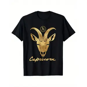 Men'S & Women'S Capricorn Zodiac T-Shirt - Black with Golden Goat Head & Capricorn Symbol Graphic, Classic Crew Neck Short Sleeve Casual Astrology Tee, All-Season Comfort Fit, Ideal Birthday Gift for Capricorn Season (Dec 22 - Jan 20), Everyday Horoscope
