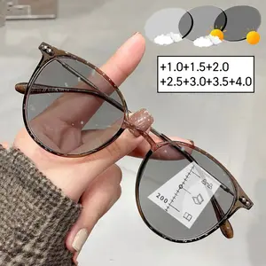 Round Smart Photochromic Reading Glasses Near Far Sight Progressive Multifocal Eyewear Retro Ultralight Eyeglasses for Men Women