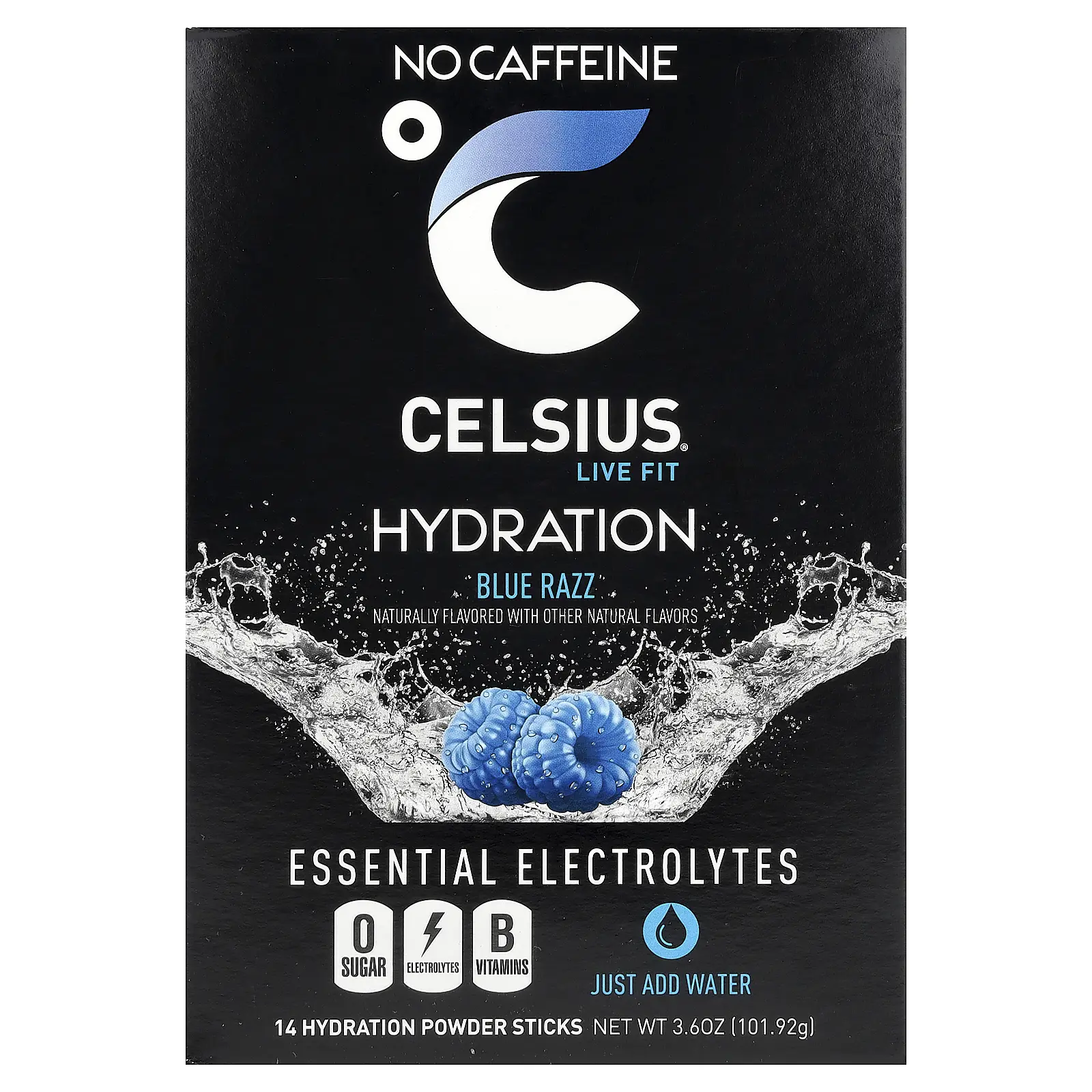 Celsius Live Fit, Hydration, Essential Electrolytes, No Caffeine, Blue Razz, 14 Hydration Powder Sticks, 0.26 oz (7.28 g) Each