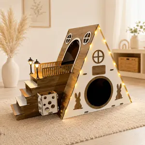 Large 2-Story Wooden Rabbit Castle House Hutch, Indoor Bunny Hideout Habitat with Stairs, Spacious Play & Rest Area, LED Light Strip, Modern Wooden Bunny Villa for Rabbits & Small Pets (Excluding Street Lights)
