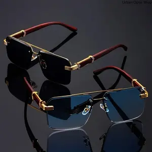 XUH 2 Pack Frameless Double Beam Sunglasses, Wood Grain Temple UV400 Protection, Unisex Fashion Eyewear for Driving Daily