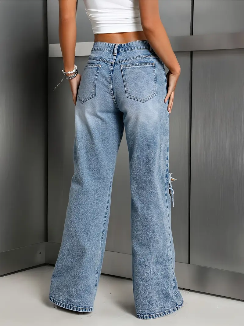 Women's Baggy Wide Leg Distressed Jeans Casual Style - Light Wash Oversized Bottoms with Sunflower Rainbow Smiley Face Cartoon Print, Faded Early 2000s Aesthetic, All Seasons