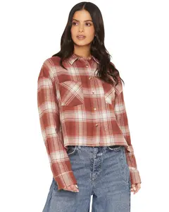 Ely Walker Women's Boot Barn Plaid Print Long Sleeve Button-Down Cropped Flannel - 321030-Bu