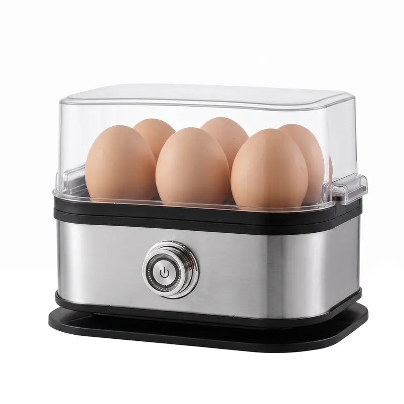 Portable 304 Stainless Steel Automatic Egg Cooker Machine & Poacher - 6-Egg Capacity, 1-Touch Knob Control, Auto Shut-Off, Transparent Lid, Compact & Easy Clean, Fingerprint-Resistant Camp Kitchen Appliances for Camping, Home Use