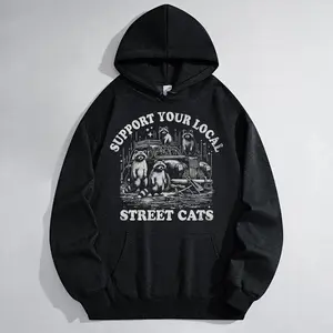 Women's funny raccoon street cats Graphic Hoodie -    Blend Black Long Sleeve Pullover Regular Fit | Soft & Breathable Fabric, Durable Print, Everyday Comfort, Machine Washable, retro vintage graphic urban street with vintage car and raccoons