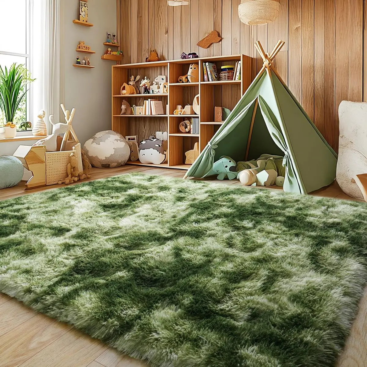 JAKOLIVE Traditional Rectangle Tie-Dyed Green Crochet Area Rug - Eco Polyester, Fiber-Shed Free, Anti-Slip Indoor Use Rug for Living Room Decor, Bedroom, Summer AC Use, Ideal Christmas Gift