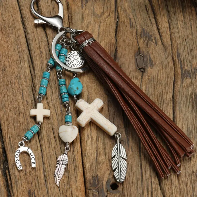 Boho Style Leaf & Cross & Turquoise Texture Design Keychain, Western Style Tassel Decor Keychain for Women & Men, Fashion Accessories for Daily Use, Gothic Cross Keychain