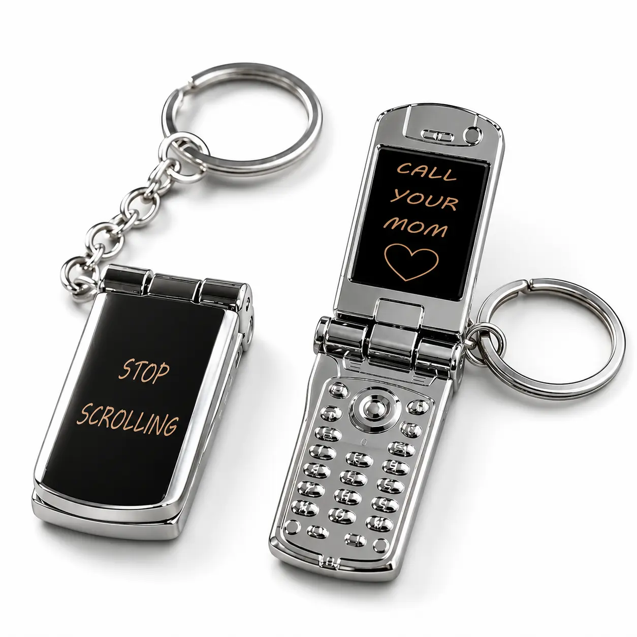 Mini Flip Phone Keychain Set – Stop Scrolling & Call Your Mom Funny Retro Phone Keyrings, Cute Nostalgia Gift