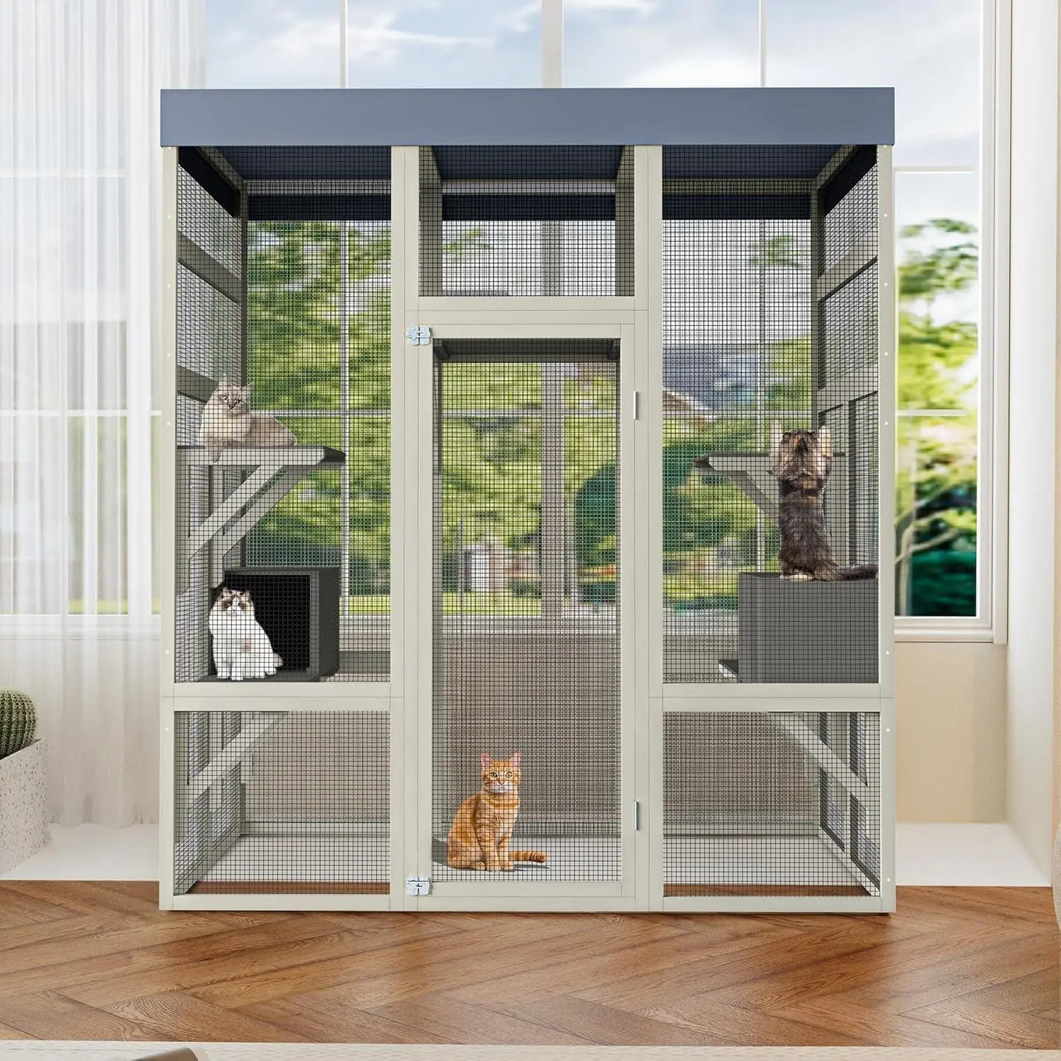 70" Large Outdoor Catio Cat Enclosure, Wood Cat Patio with Waterproof UV-Resistant Roof, Cats Shelter with 5 Platforms and 2 Resting Box, and Secure Rust-Proof Wire for Backyard or Patio - Variant 2