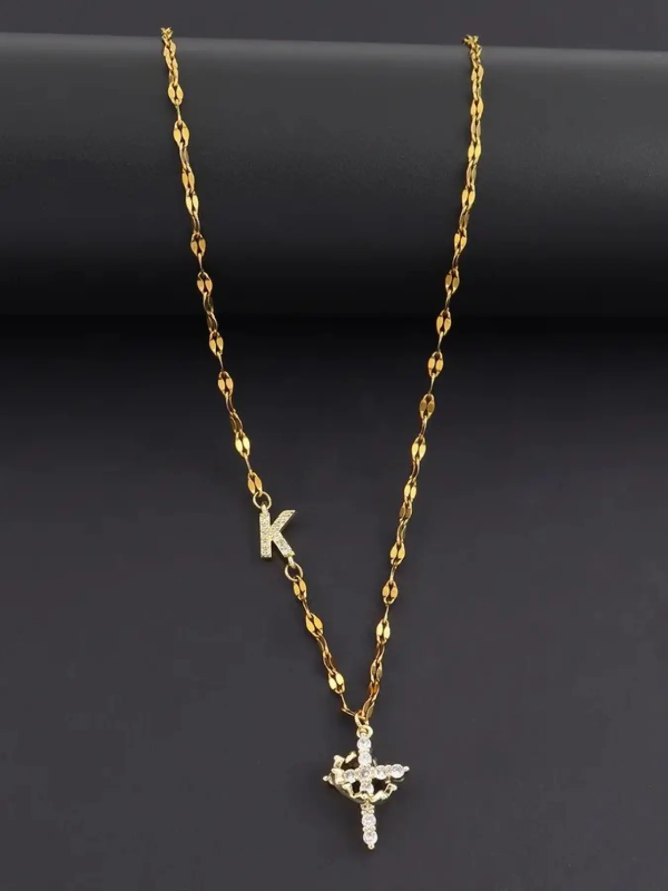 Women's Stainless Steel Necklace with Zirconia Cross Crown Initial Pendant, Casual Fashion Versatile Wear Lip Chain Jewelry for All Seasons