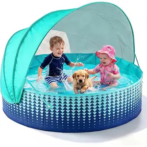 Foldable 48" Kiddie Baby Pool with Canopy Shade, Infant Toddler Kids Swimming Wading Pool & Ball Pit for Backyard Water Play, Baby Beach Essentials for 1-3 Toddlers Kids Dogs
