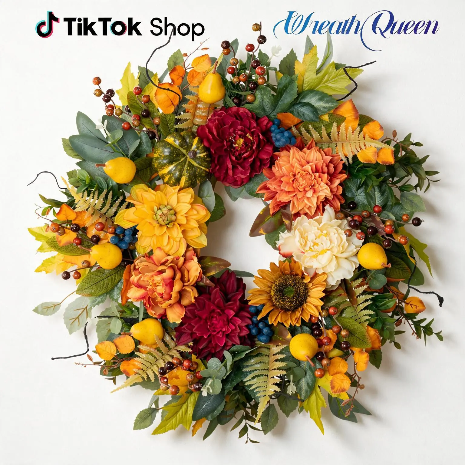 24'' Round Rustic Fall Thanksgiving Wreath for Front Door, 6 Styles, Colorful Autumn Floral Wreath with Flowers, Berries & Leaves, Farmhouse Outdoor Home Decor
