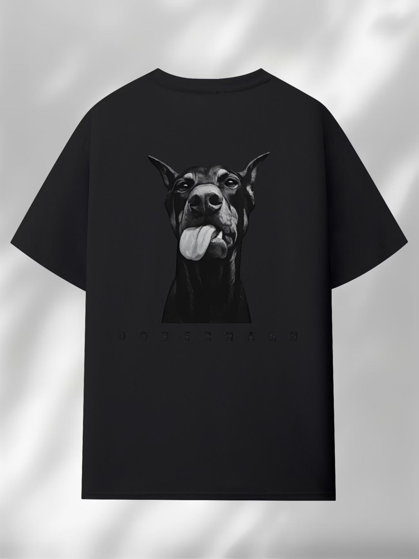 Men's Dobermann Dog Print T-Shirt - Bold Doberman Graphic Crew Neck Tee, Soft 100% Polyester Short Sleeve Shirt with Iconic Breed Design, Machine Washable Casual Summer Wear Suitable for Animal Lovers & Dobermann Owners