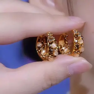 Brown Crystal Hoop Earrings Gold Plated Sparkling Rhinestone Round Design, Chic Fashion Jewelry Statement Earrings for Women