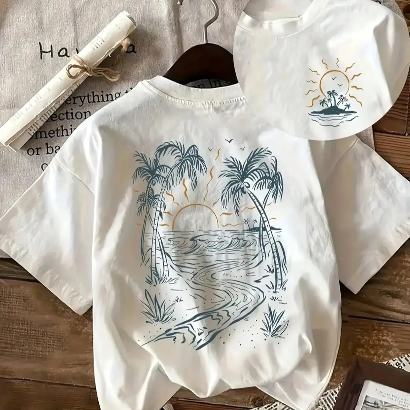 Women's Coconut Tree & Sun Print Round Neck Tee, Vintage Trendy Casual Short Sleeve T-shirt for Daily Wear, Ladies Summer, Top, Womenswear,Casual Summer T-Shirt with Crew Neck,viral graphic tees