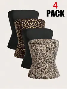 Women's Solid/Zebra Stripe/Leopard Print Tube Top, Casual Fashion Sleeveless Strapless Top for Daily Wear, Ladies Clothes for Spring & Fall, Casual Sleeveless Cami