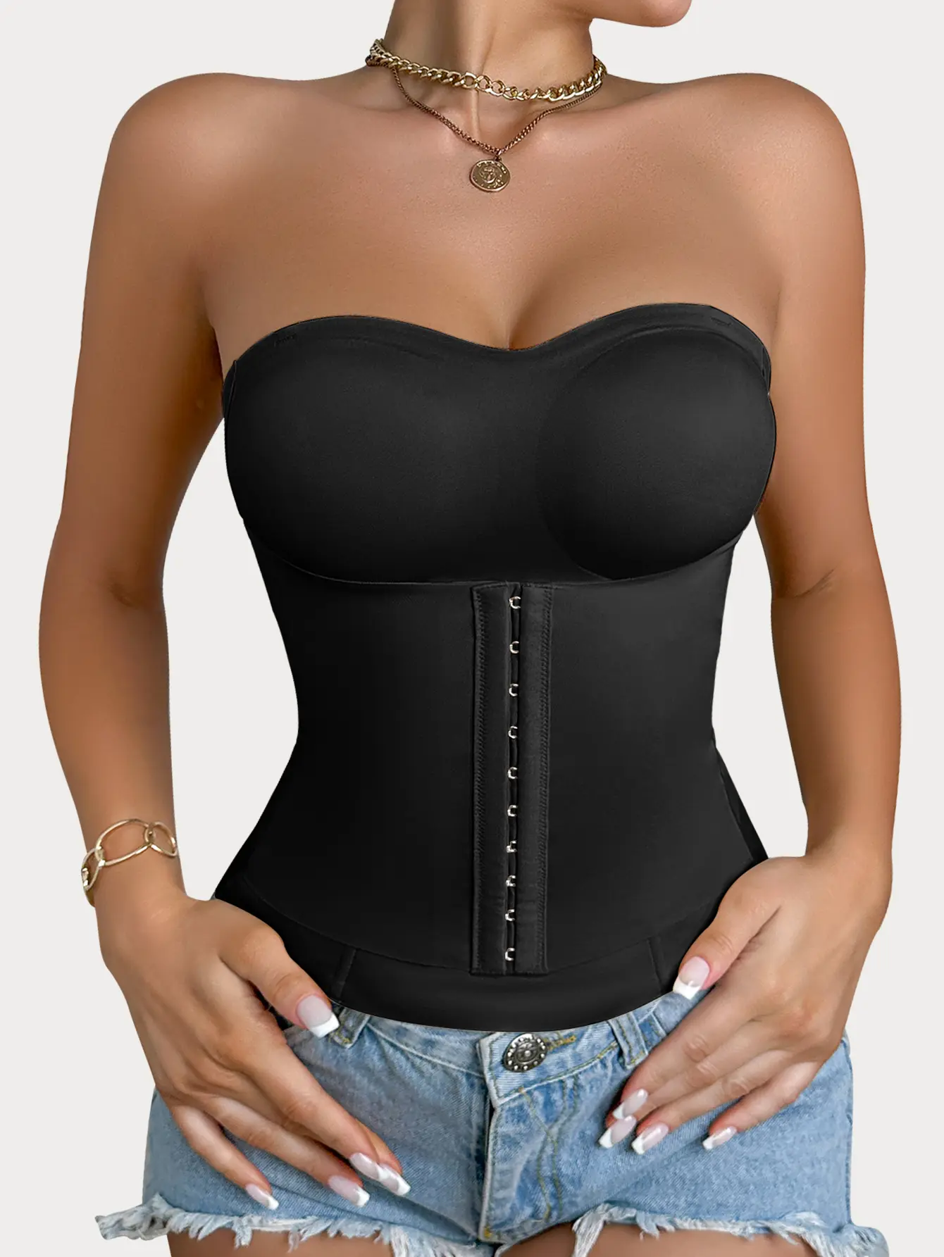 High support front buckle women's body shaping waist seal, gathered upper support, shapewear shoulder strap, detachable inner strap