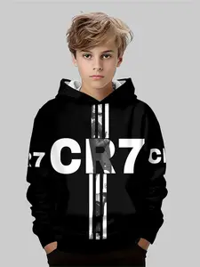 Boys' Fashion Football Player Hoodie, 3D Print Long Sleeve Pullover, Casual Fitted Sweatshirt for Spring & Fall Sports