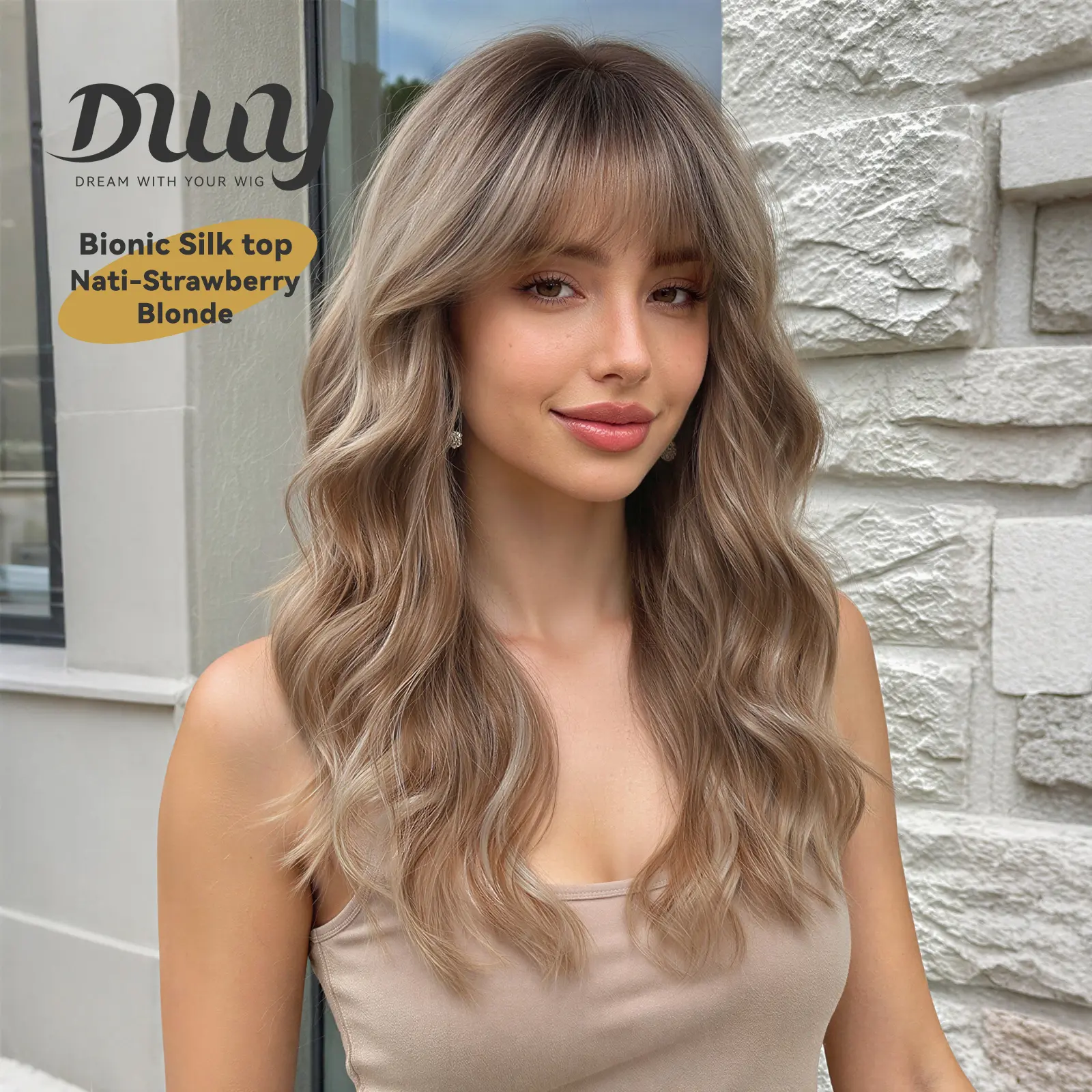 DWY Synthetic Wig for Women, 22-Inch Long Wave in Mixed Honey Bronde with Bangs - Glueless and Convenient with a Comfortable Bionic Silk Top, Convenient Wigs, Glueless Hair Wigs
