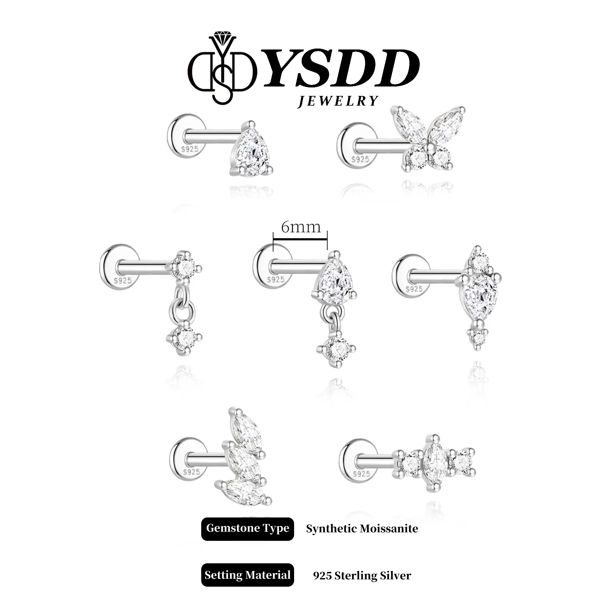 【#667】6mm Threaded Flat Back Studs vvs Synthetic Moissanite Earrings in 925 Sterling Silver