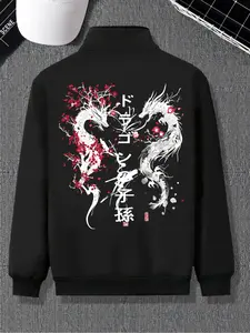 Men's Bomber Jacket, Lightweight Flight Jacket, Autumn Outdoor Jacket, Dragon Print, Casual Outerwear, Men's Transition Jacket