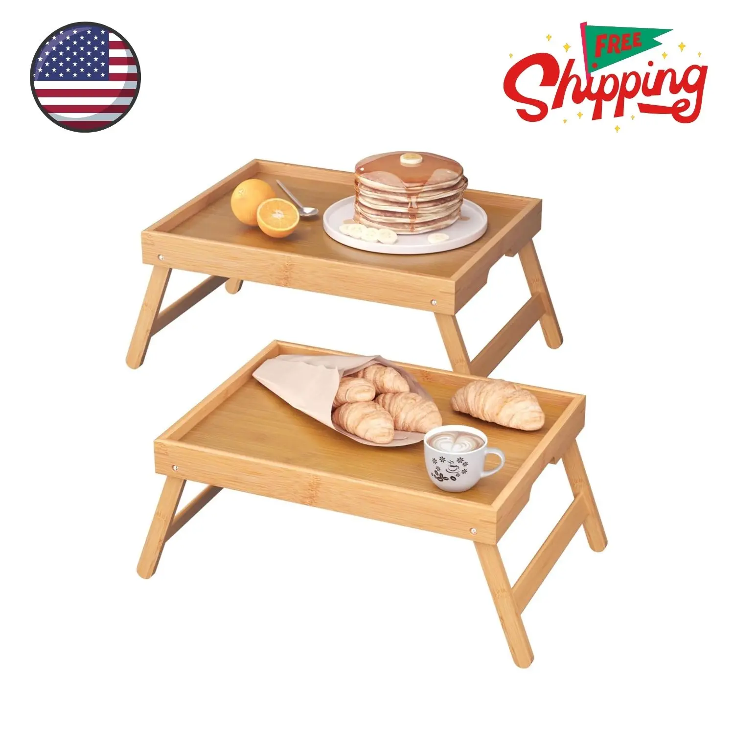 2 Pack Bamboo Bed Tray Table with Folding Legs