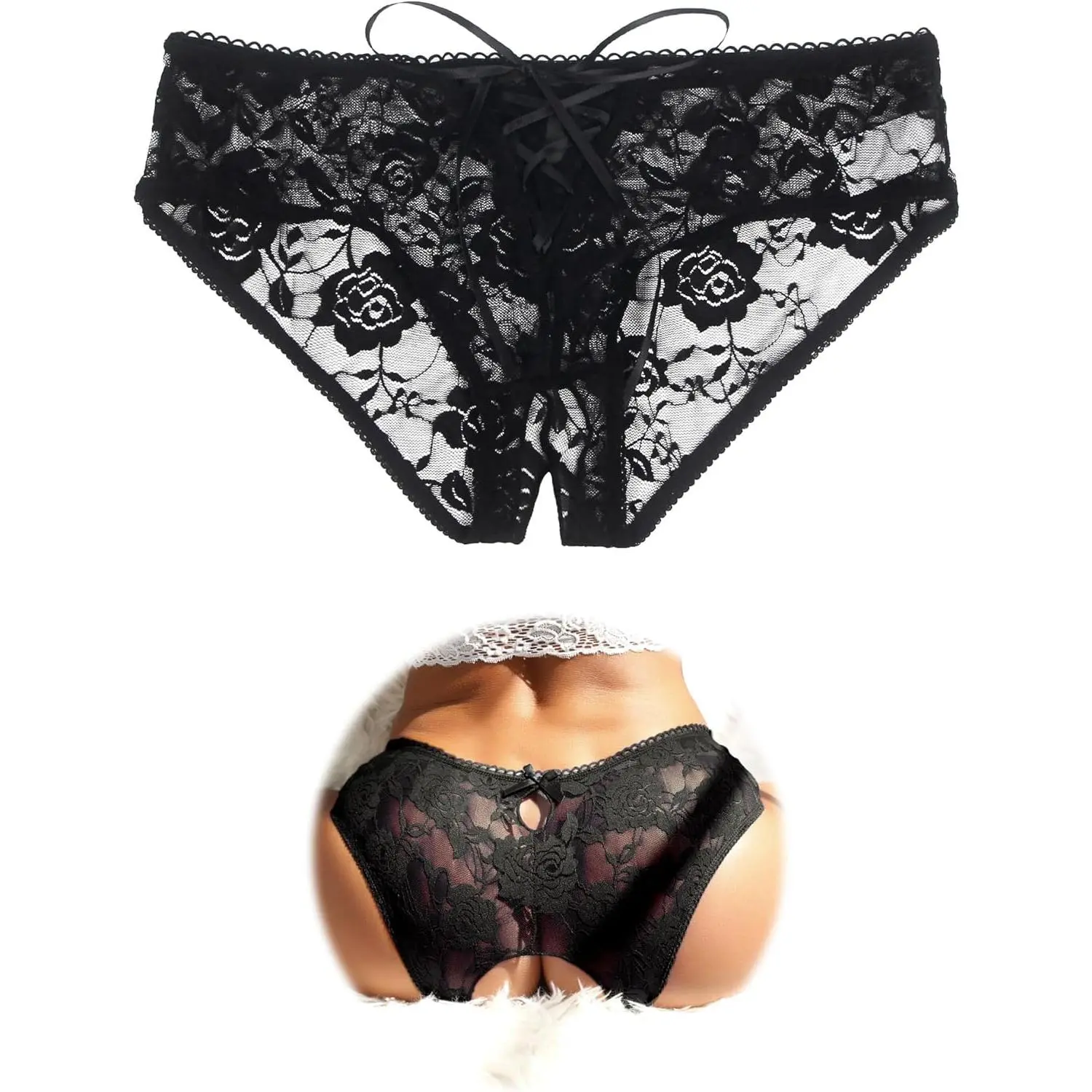 Women's Crotchless Lace Boyshorts - Crisscross Strappy Hipster Panties, Semi Sheer Briefs, Plus Size (XS-4XL) Festive & Party Supplies Underwear, Lace Underwear Panties